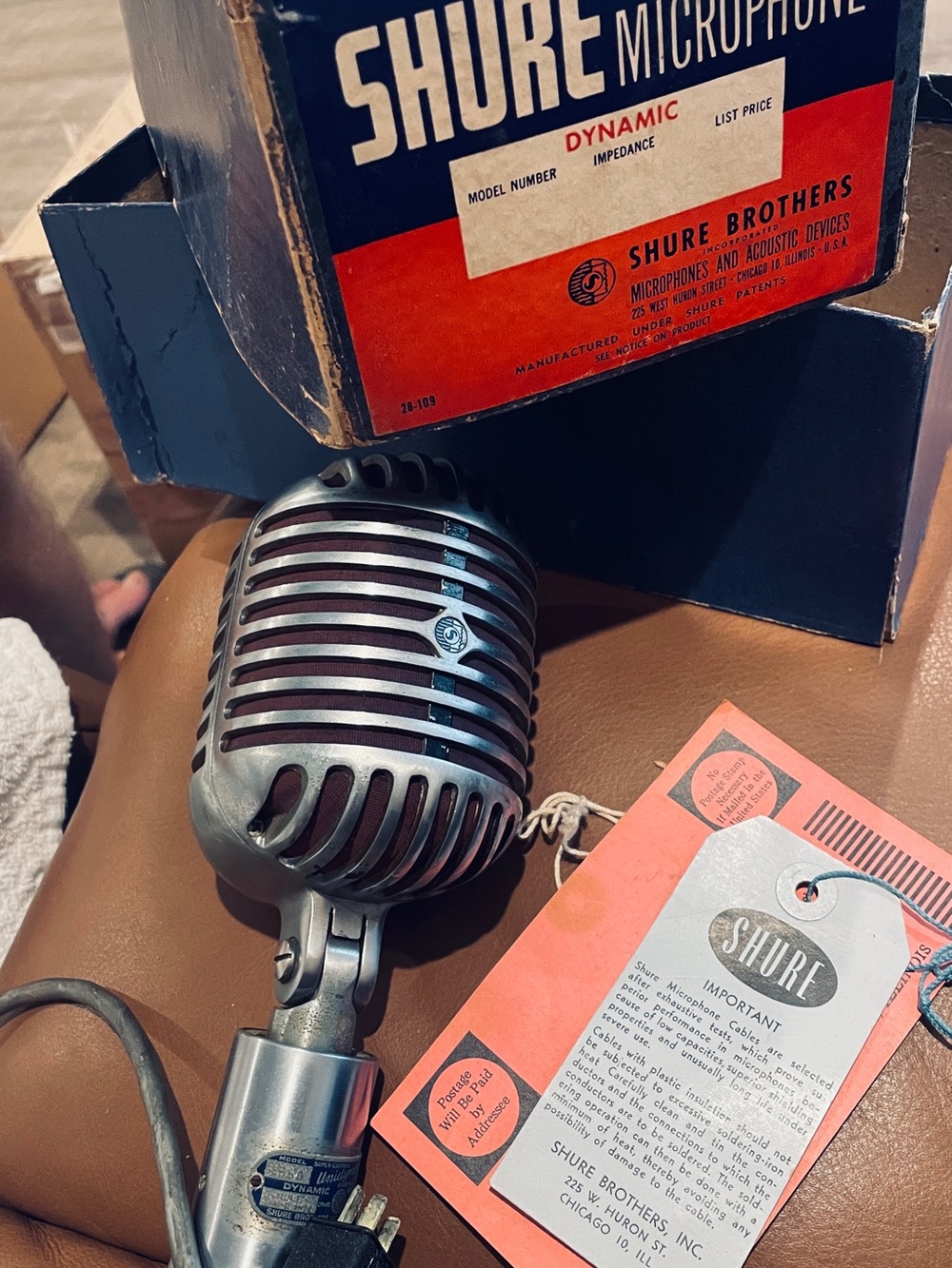Shure Vintage Silver Dynamic Microphone with Red Box and Tags